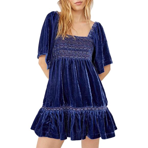 Free People NWT Easy To Love Embroidered Smocked Shift Blue Dress Size XS - Picture 1 of 6